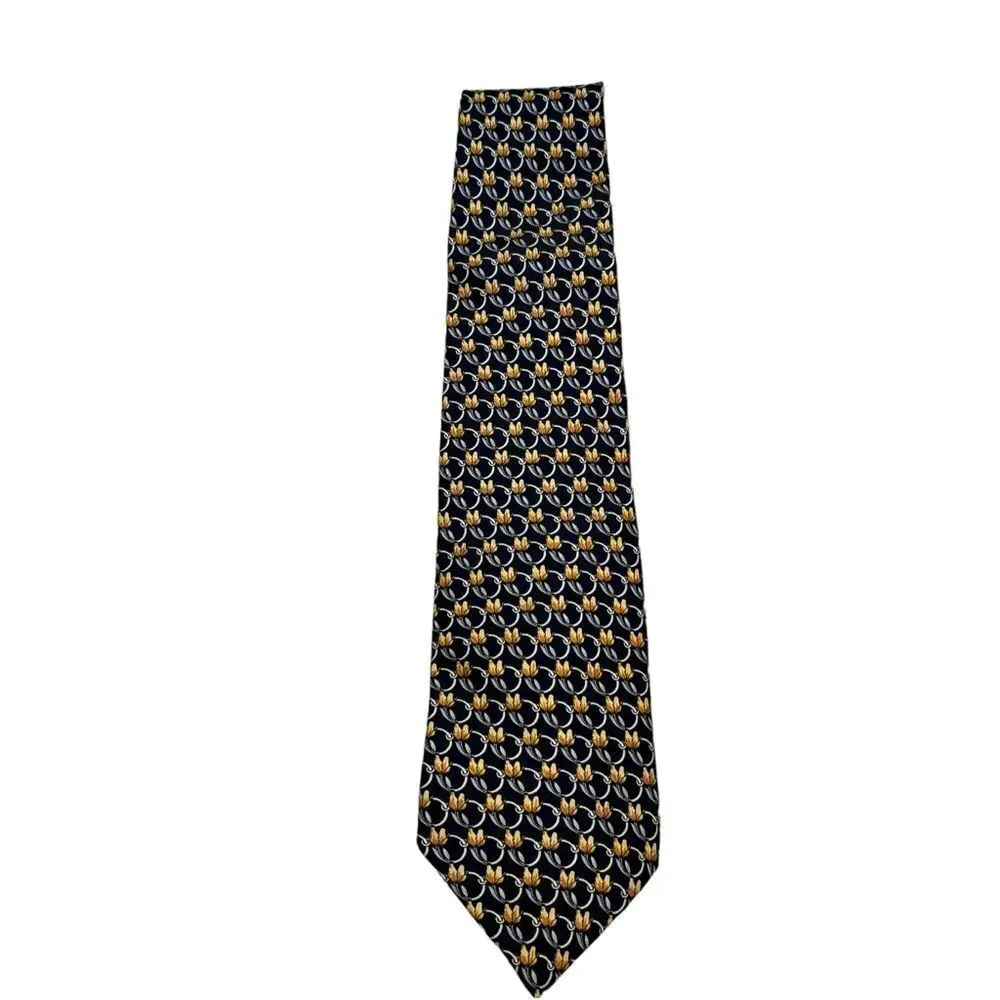 Men’s Lancel Paris Brand 100% Silk Navy‎ and Yellow Floral Neck Field